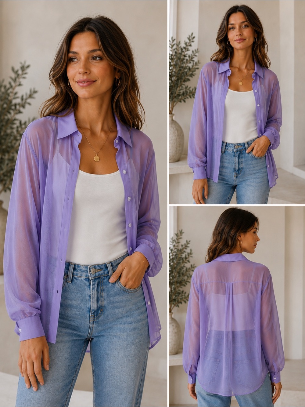 Sheer Lavender Button-Down Shirt - Women Tops